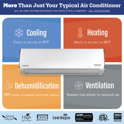 Pioneer® Diamante Pro™ 36,000 BTU 19 SEER2 230V High-Wall Ductless Mini-Split Air Conditioner Inverter Heat Pump with 16 Ft. Kit