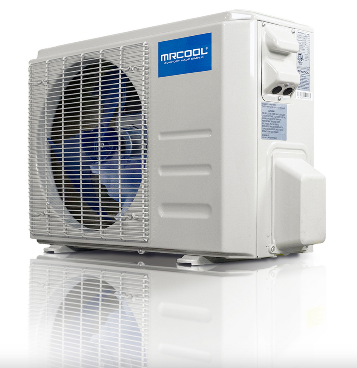 A white outdoor air conditioner or heat pump outdoor unit with a large front fan grille, blue fan blades visible inside, a blue MARCOOL logo label, and a white reflective base on a clean white background.
