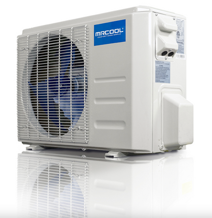 A white outdoor air conditioner or heat pump outdoor unit with a large front fan grille, blue fan blades visible inside, a blue MARCOOL logo label, and a white reflective base on a clean white background.