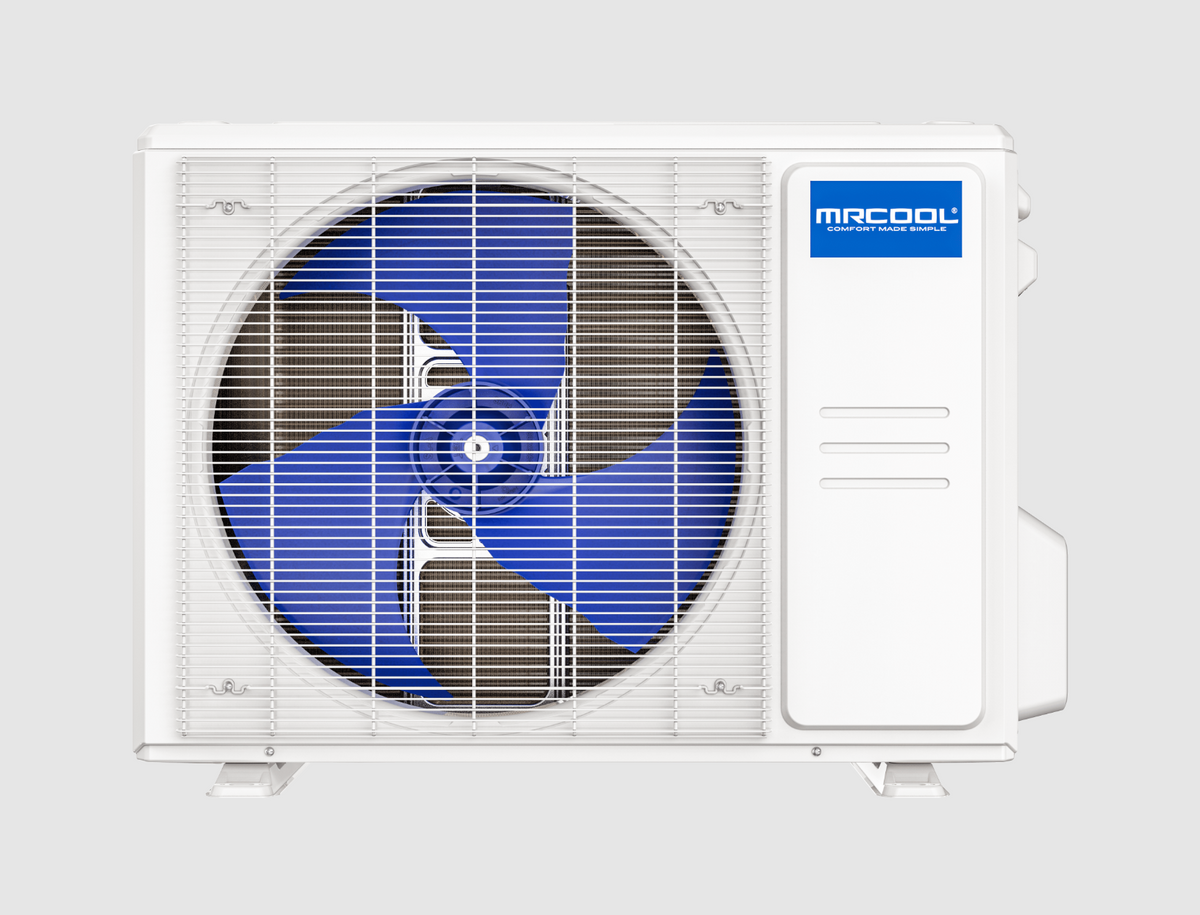 A white outdoor air conditioner or heat pump condenser unit with a large circular fan behind a metal grille. The fan blades are blue and gray, and the right side features a white control panel with a blue 'MACOOL' logo.