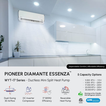Pioneer® Diamante Essenza™ 35,000 BTU 17 SEER2 230V High-Wall Ductless Mini-Split Air Conditioner Inverter Heat Pump with 16 Ft. Kit
