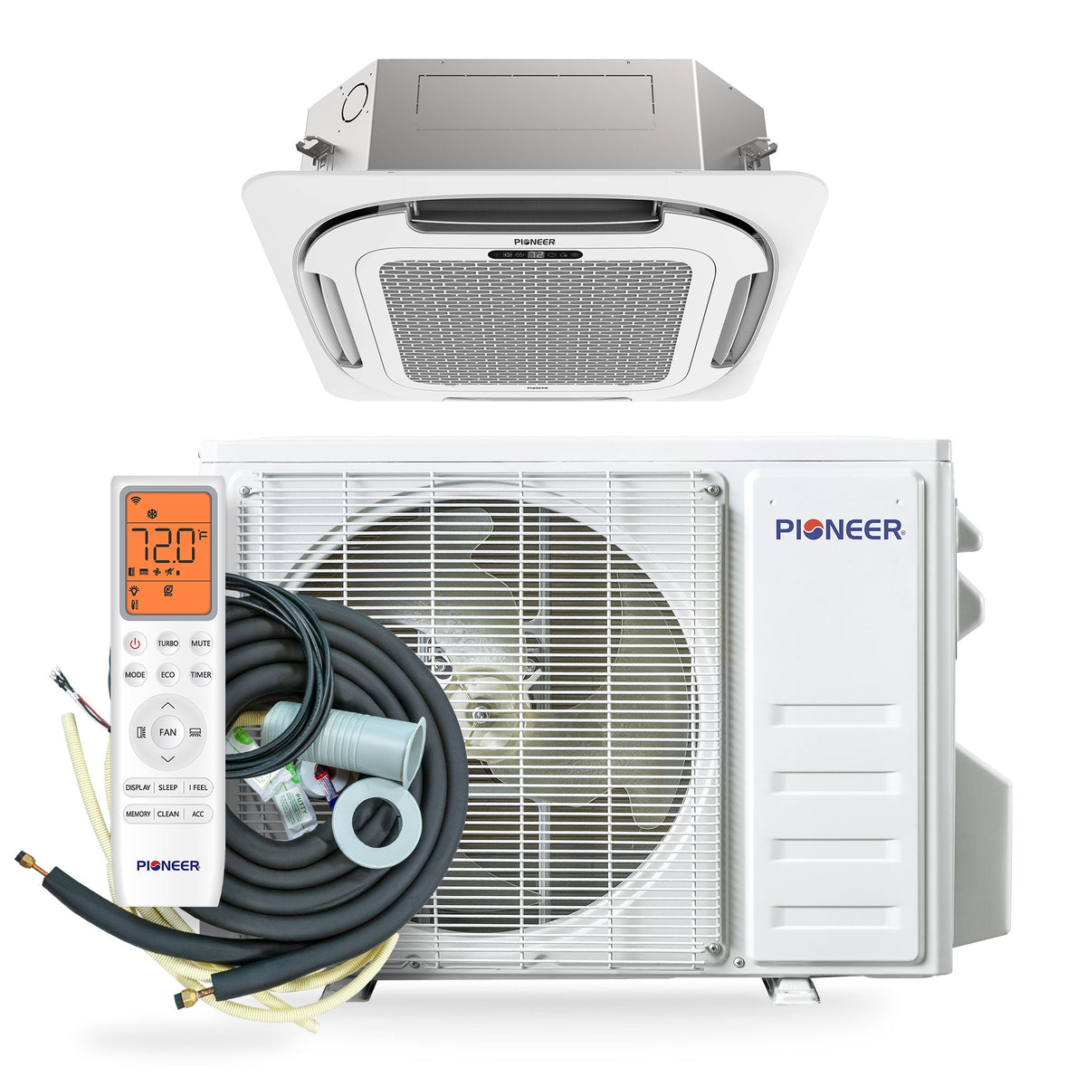 Pioneer® Quantum Ultra™ 12,000 BTU 21 SEER2 230V 8-Way Ceiling Cassette Ductless Mini-Split Air Conditioner Inverter Heat Pump Full Set